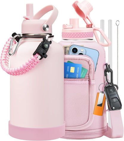 32/40/64OZ Insulated Water Bottle - Keep Cold 48H Hot 24H, Combo Straw/Spout Lids, Paracord Handle for Gym/Hiking, Carrier Bag +Strap, Cup Mat, BPA-Free Stainless Steel Flask Jug