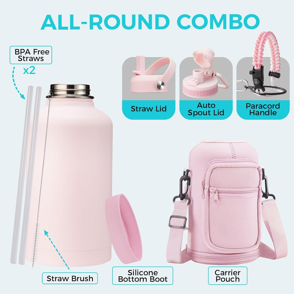 32/40/64OZ Insulated Water Bottle - Keep Cold 48H Hot 24H, Combo Straw/Spout Lids, Paracord Handle for Gym/Hiking, Carrier Bag +Strap, Cup Mat, BPA-Free Stainless Steel Flask Jug