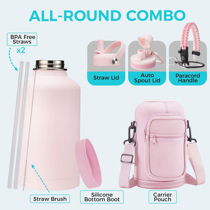 32/40/64OZ Insulated Water Bottle - Keep Cold 48H Hot 24H, Combo Straw/Spout Lids, Paracord Handle for Gym/Hiking, Carrier Bag +Strap, Cup Mat, BPA-Free Stainless Steel Flask Jug