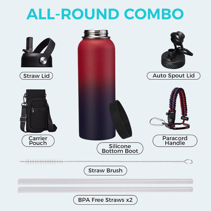 32/40/64OZ Insulated Water Bottle - Keep Cold 48H Hot 24H, Combo Straw/Spout Lids, Paracord Handle for Gym/Hiking, Carrier Bag +Strap, Cup Mat, BPA-Free Stainless Steel Flask Jug