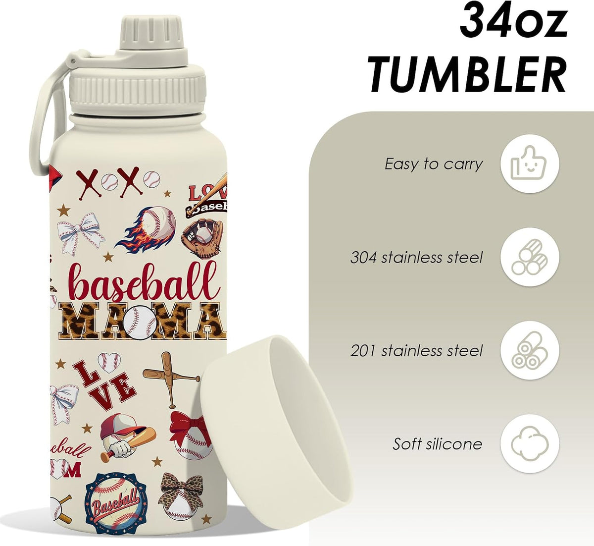 34oz Baseball Water Bottle, Baseball Mom Gift, Insulated Stainless Steel