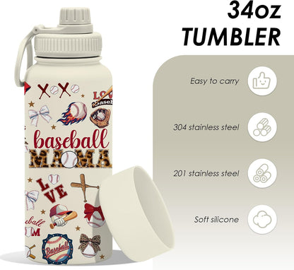 34oz Baseball Water Bottle, Baseball Mom Gift, Insulated Stainless Steel