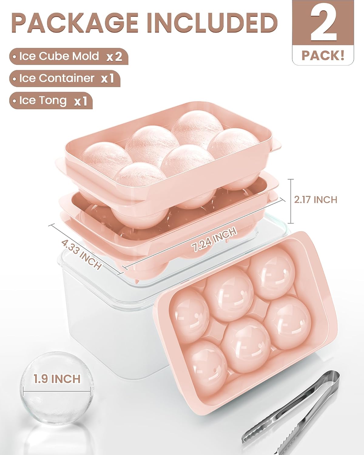 Large Ice Cube Tray for Freezer - 2 Pack Stackable Round Ice Cube Molds Set, Easy to Fill & Release with Storage Bin and Tongs for Kitchen, Party, Cocktail & Coffee, Gifts for Whiskey Lover (1.93In)