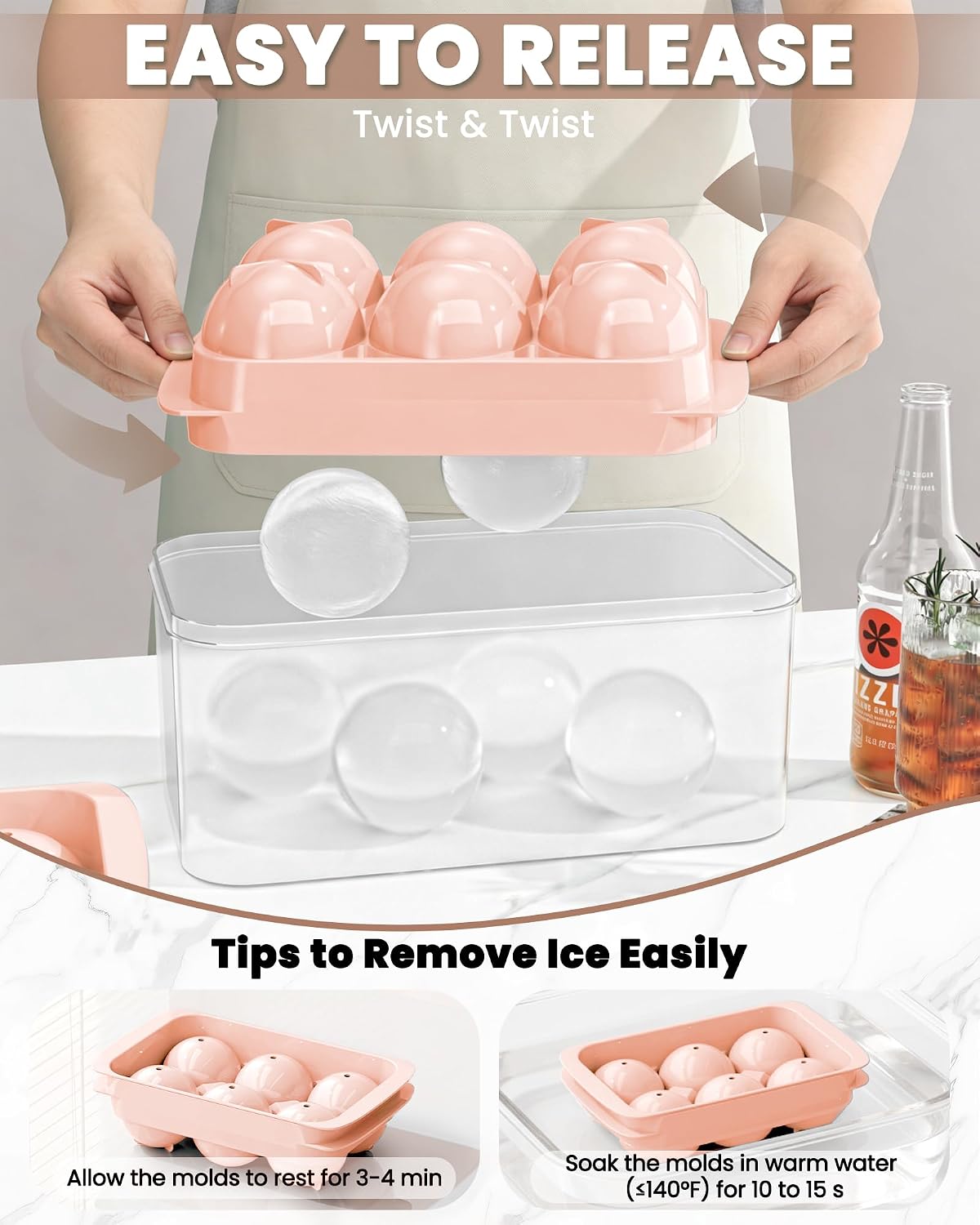 Large Ice Cube Tray for Freezer - 2 Pack Stackable Round Ice Cube Molds Set, Easy to Fill & Release with Storage Bin and Tongs for Kitchen, Party, Cocktail & Coffee, Gifts for Whiskey Lover (1.93In)