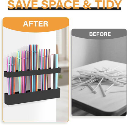 Straw Holder for Cabinet Door, Reusable Tumbler Straw Organizer Storage Container Mount for Kitchen Counter Cupboard Door (Transparent, 9.5inch)