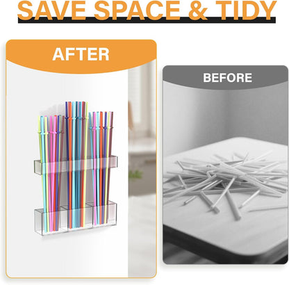 Straw Holder for Cabinet Door, Reusable Tumbler Straw Organizer Storage Container Mount for Kitchen Counter Cupboard Door (Transparent, 9.5inch)