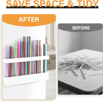 Straw Holder for Cabinet Door, Reusable Tumbler Straw Organizer Storage Container Mount for Kitchen Counter Cupboard Door (Transparent, 9.5inch)