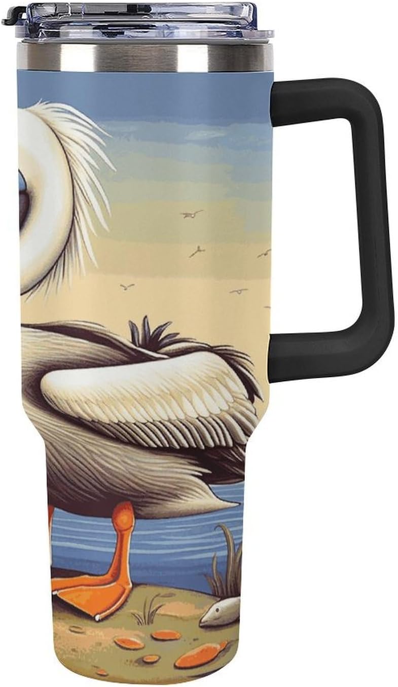 40 Oz Double Insulated Tumblers With Handles Pelican Birds Printed Insulated Tumbler With Straw With Lid Leak-proof Stainless Steel Travel Coffee Mug - Colors A