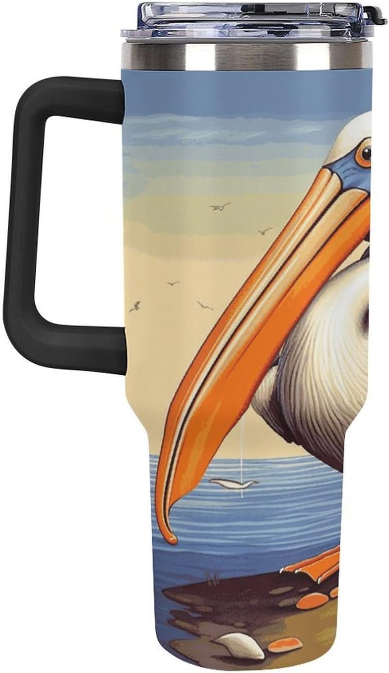 40 Oz Double Insulated Tumblers With Handles Pelican Birds Printed Insulated Tumbler With Straw With Lid Leak-proof Stainless Steel Travel Coffee Mug - Colors A