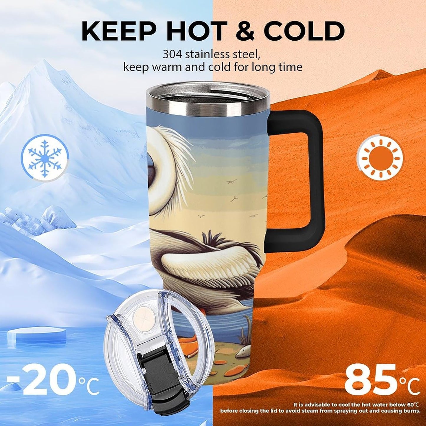 40 Oz Double Insulated Tumblers With Handles Pelican Birds Printed Insulated Tumbler With Straw With Lid Leak-proof Stainless Steel Travel Coffee Mug - Colors A