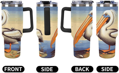 40 Oz Double Insulated Tumblers With Handles Pelican Birds Printed Insulated Tumbler With Straw With Lid Leak-proof Stainless Steel Travel Coffee Mug - Colors A