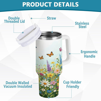 Pink Rose Floral Roses 30 oz Tumbler with Handle and Straw Lid, Insulated Stainless Steel Water Bottle Portable Travel Coffee Tea Mug Cup