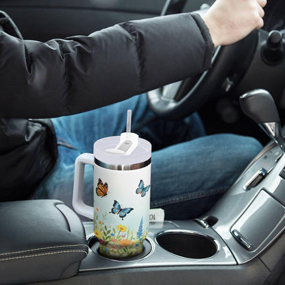 Pink Rose Floral Roses 30 oz Tumbler with Handle and Straw Lid, Insulated Stainless Steel Water Bottle Portable Travel Coffee Tea Mug Cup