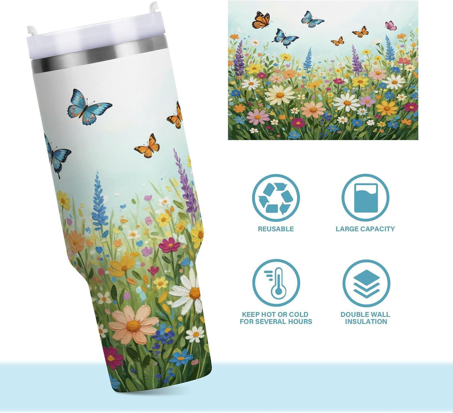 Pink Rose Floral Roses 30 oz Tumbler with Handle and Straw Lid, Insulated Stainless Steel Water Bottle Portable Travel Coffee Tea Mug Cup