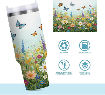 Pink Rose Floral Roses 30 oz Tumbler with Handle and Straw Lid, Insulated Stainless Steel Water Bottle Portable Travel Coffee Tea Mug Cup