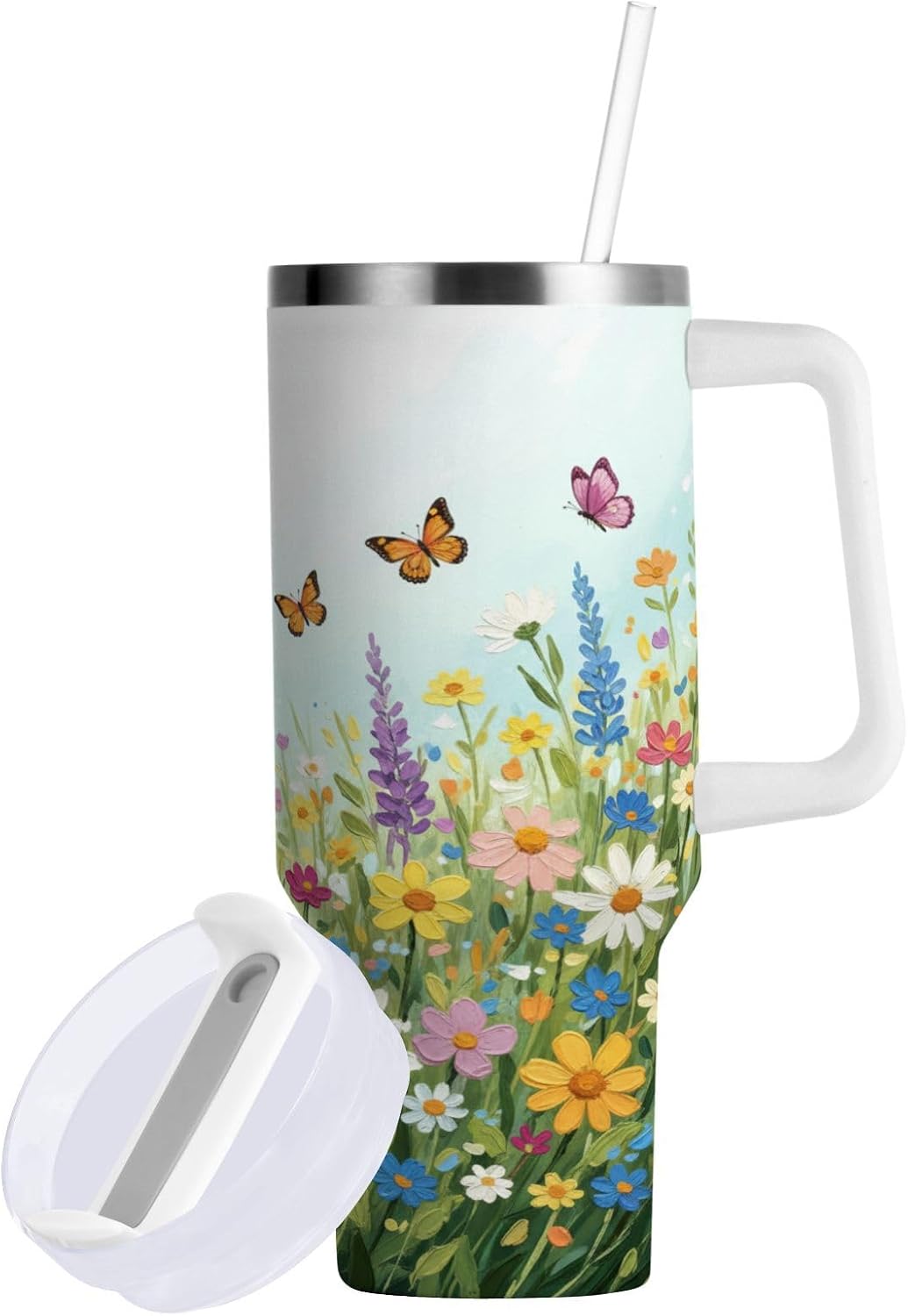 Pink Rose Floral Roses 30 oz Tumbler with Handle and Straw Lid, Insulated Stainless Steel Water Bottle Portable Travel Coffee Tea Mug Cup