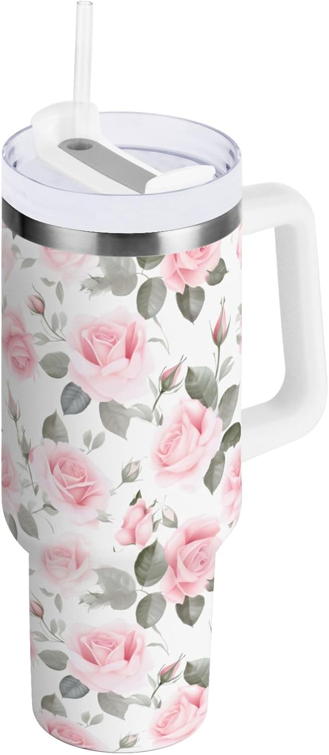 Pink Rose Floral Roses 30 oz Tumbler with Handle and Straw Lid, Insulated Stainless Steel Water Bottle Portable Travel Coffee Tea Mug Cup