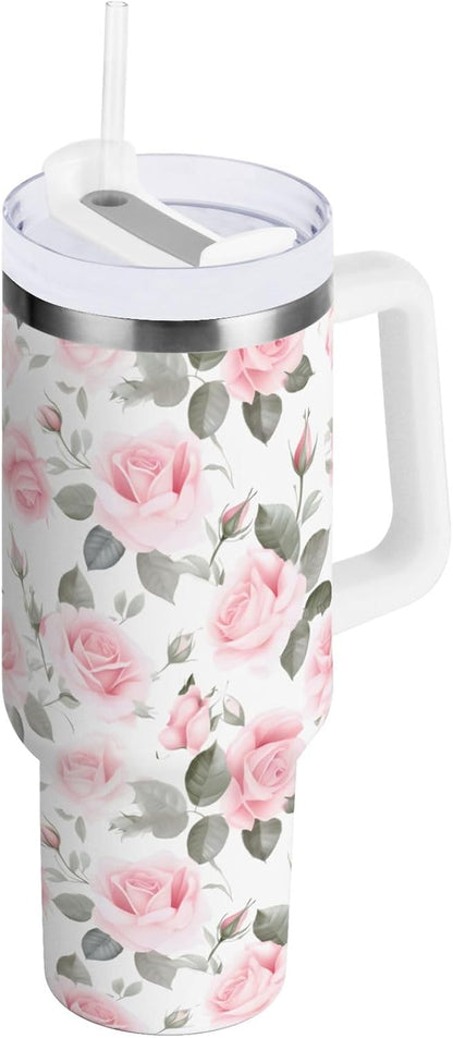 Pink Rose Floral Roses 30 oz Tumbler with Handle and Straw Lid, Insulated Stainless Steel Water Bottle Portable Travel Coffee Tea Mug Cup