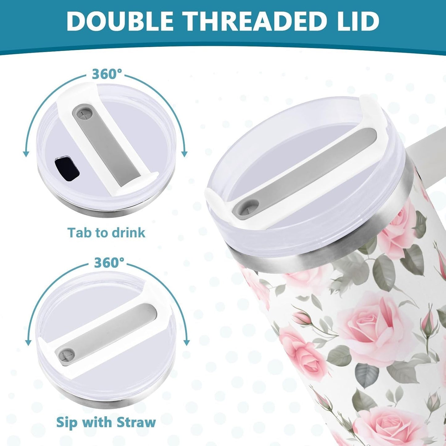 Pink Rose Floral Roses 30 oz Tumbler with Handle and Straw Lid, Insulated Stainless Steel Water Bottle Portable Travel Coffee Tea Mug Cup