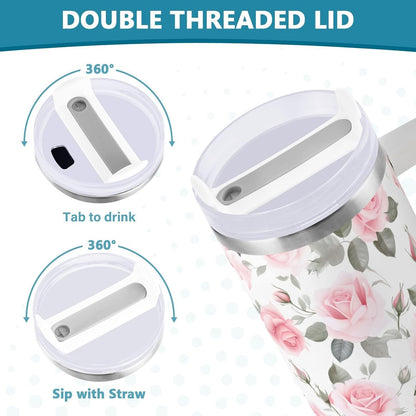 Pink Rose Floral Roses 30 oz Tumbler with Handle and Straw Lid, Insulated Stainless Steel Water Bottle Portable Travel Coffee Tea Mug Cup