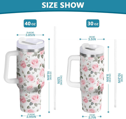 Pink Rose Floral Roses 30 oz Tumbler with Handle and Straw Lid, Insulated Stainless Steel Water Bottle Portable Travel Coffee Tea Mug Cup