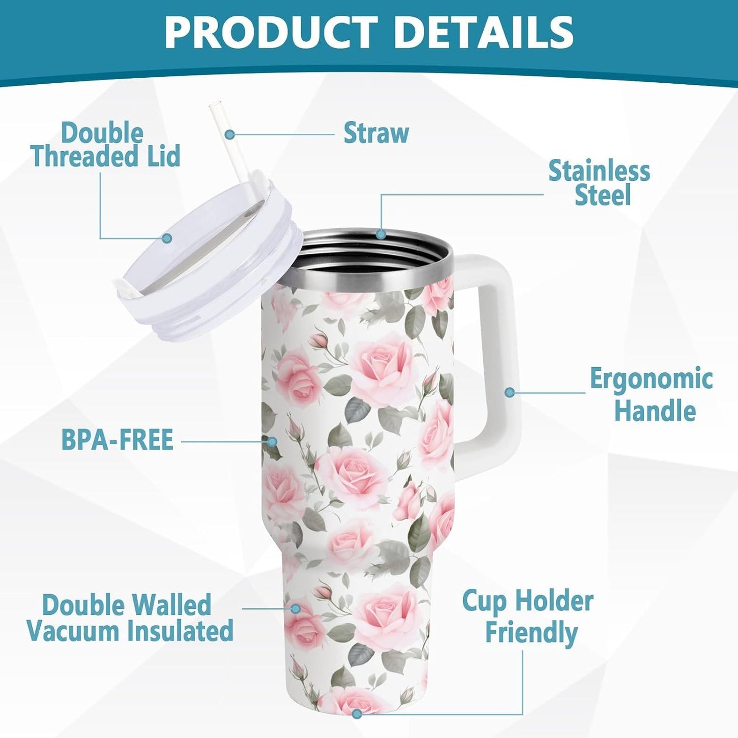 Pink Rose Floral Roses 30 oz Tumbler with Handle and Straw Lid, Insulated Stainless Steel Water Bottle Portable Travel Coffee Tea Mug Cup