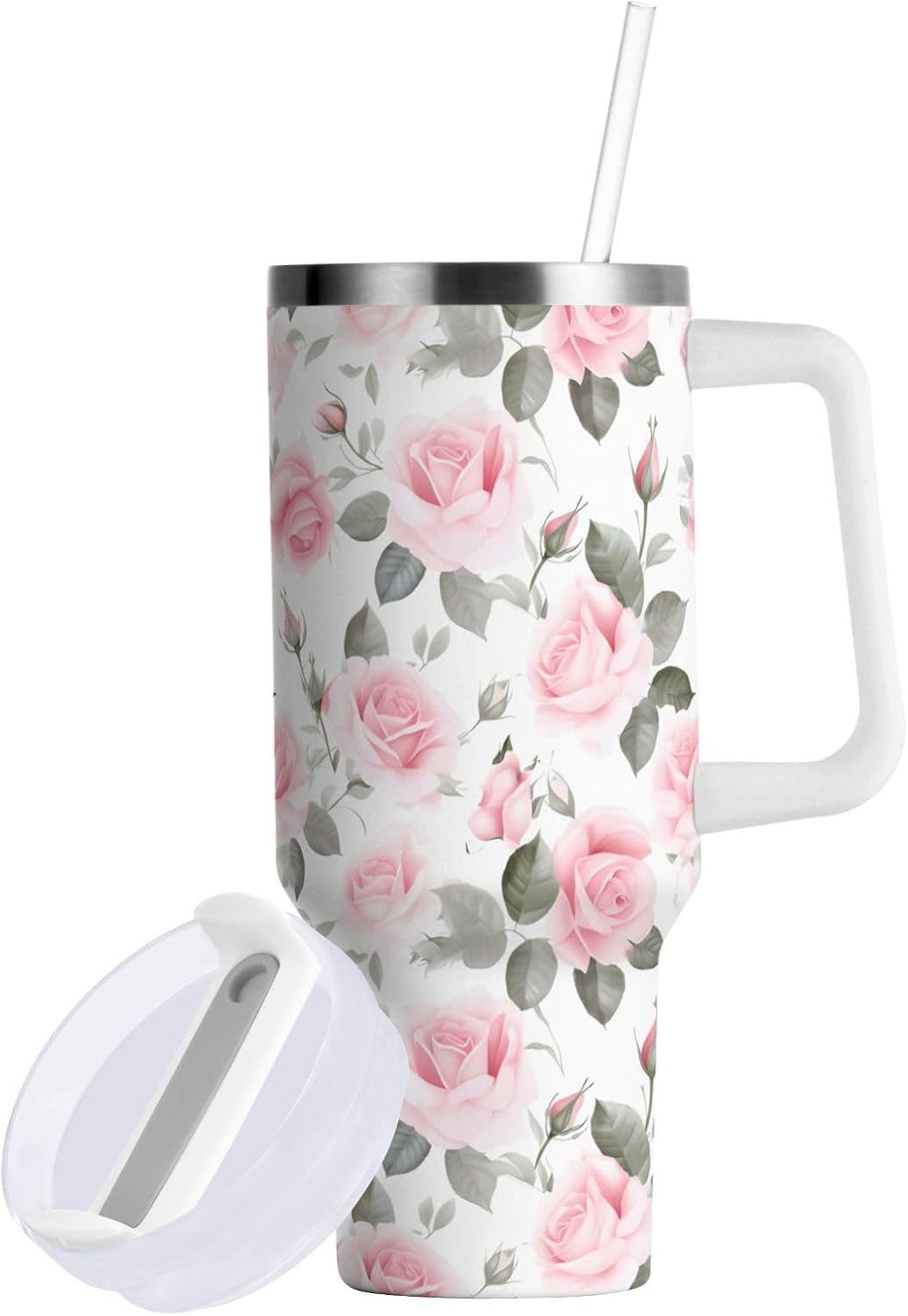 Pink Rose Floral Roses 30 oz Tumbler with Handle and Straw Lid, Insulated Stainless Steel Water Bottle Portable Travel Coffee Tea Mug Cup