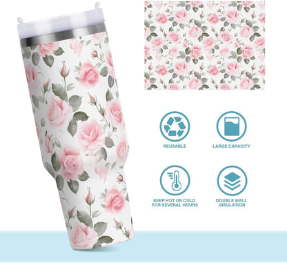 Pink Rose Floral Roses 30 oz Tumbler with Handle and Straw Lid, Insulated Stainless Steel Water Bottle Portable Travel Coffee Tea Mug Cup