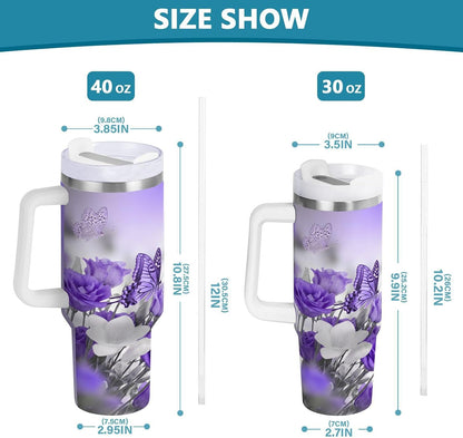 Pink Rose Floral Roses 30 oz Tumbler with Handle and Straw Lid, Insulated Stainless Steel Water Bottle Portable Travel Coffee Tea Mug Cup
