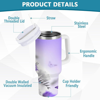 Pink Rose Floral Roses 30 oz Tumbler with Handle and Straw Lid, Insulated Stainless Steel Water Bottle Portable Travel Coffee Tea Mug Cup