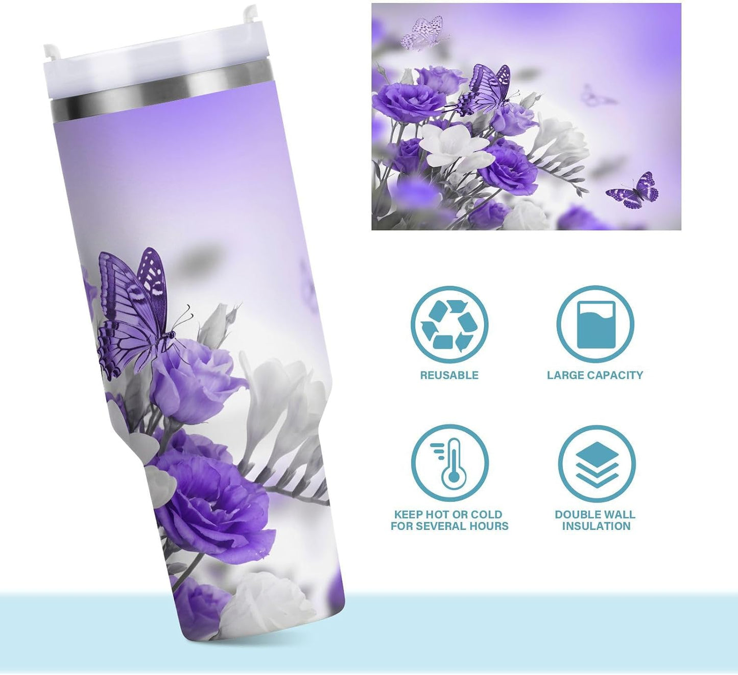 Pink Rose Floral Roses 30 oz Tumbler with Handle and Straw Lid, Insulated Stainless Steel Water Bottle Portable Travel Coffee Tea Mug Cup