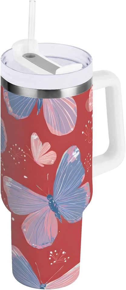 Pink Rose Floral Roses 30 oz Tumbler with Handle and Straw Lid, Insulated Stainless Steel Water Bottle Portable Travel Coffee Tea Mug Cup