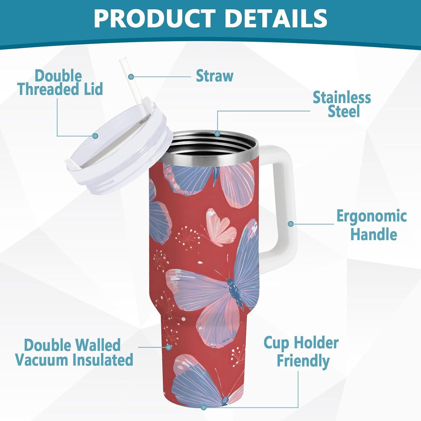 Pink Rose Floral Roses 30 oz Tumbler with Handle and Straw Lid, Insulated Stainless Steel Water Bottle Portable Travel Coffee Tea Mug Cup