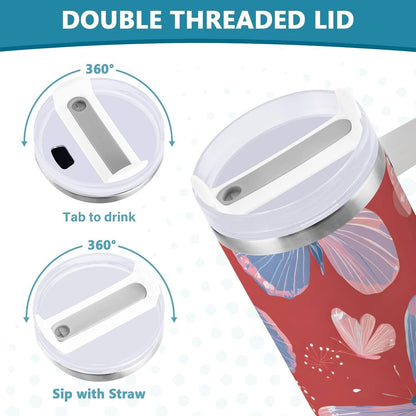Pink Rose Floral Roses 30 oz Tumbler with Handle and Straw Lid, Insulated Stainless Steel Water Bottle Portable Travel Coffee Tea Mug Cup