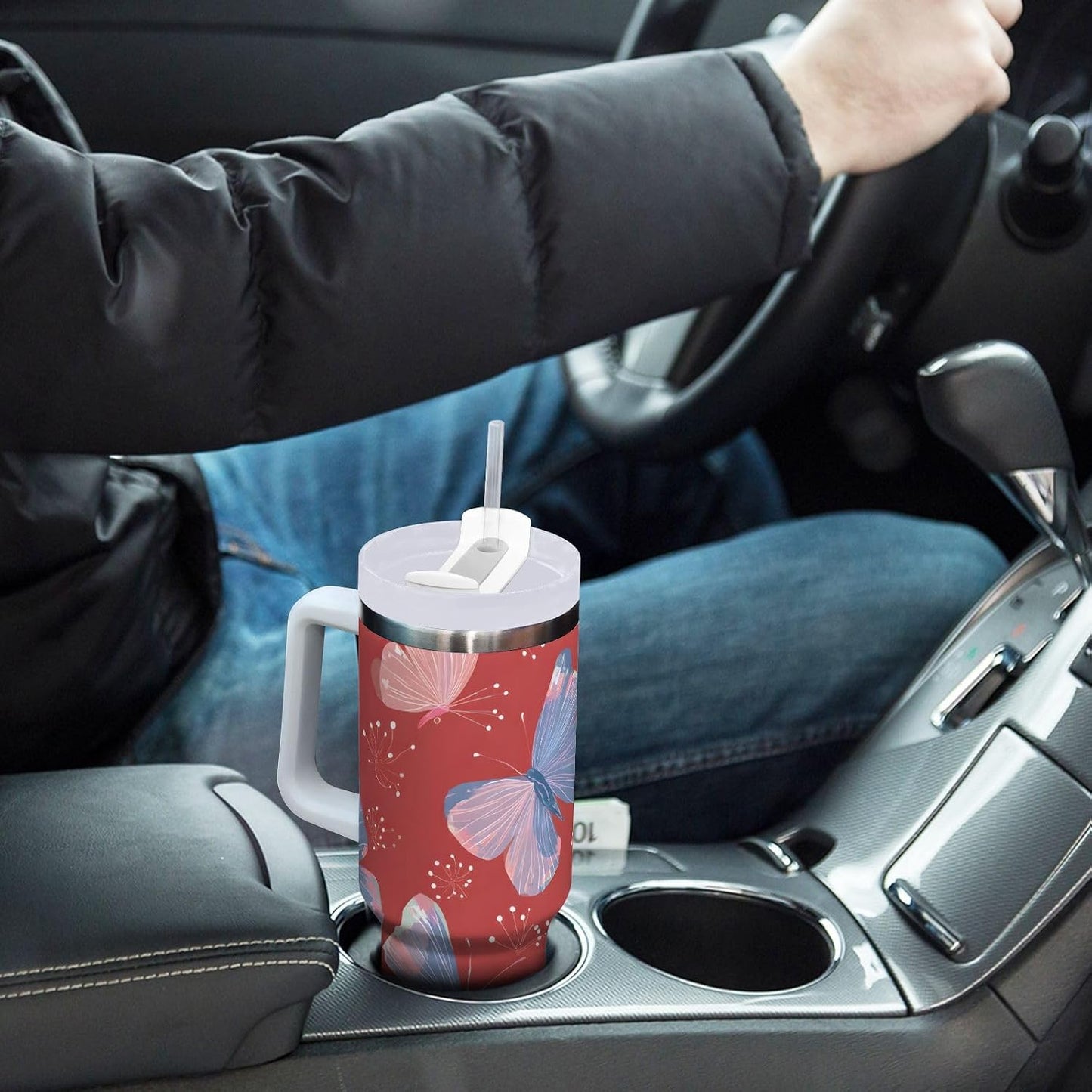 Pink Rose Floral Roses 30 oz Tumbler with Handle and Straw Lid, Insulated Stainless Steel Water Bottle Portable Travel Coffee Tea Mug Cup