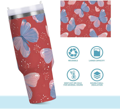 Pink Rose Floral Roses 30 oz Tumbler with Handle and Straw Lid, Insulated Stainless Steel Water Bottle Portable Travel Coffee Tea Mug Cup