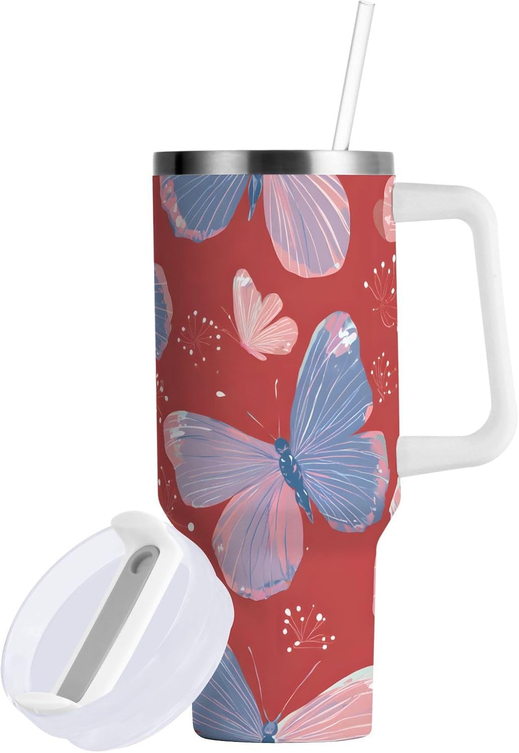 Pink Rose Floral Roses 30 oz Tumbler with Handle and Straw Lid, Insulated Stainless Steel Water Bottle Portable Travel Coffee Tea Mug Cup