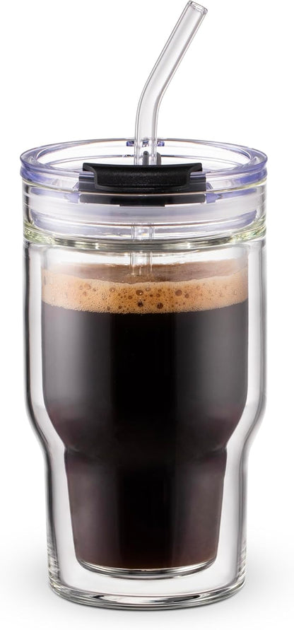 Double Walled Glass Espresso Cups, Insulated Coffee Mug with Straw and Lid - 12oz/350ml Reusable Tumbler for Hot/Cold Drinks, Smoothie, Latte, Matcha, Car & Travel