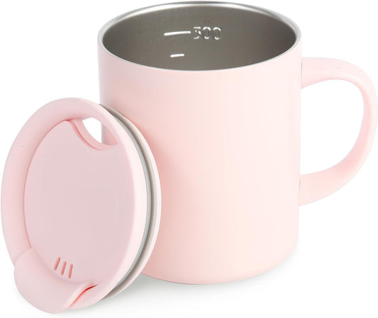 12oz Insulated Coffee Mug with Handle and Lid - 316 Stainless Steel Travel Coffee Mug, Spill Proof Coffee Tumbler for Office, Travel, Camping - Internal ML Scale, Pink