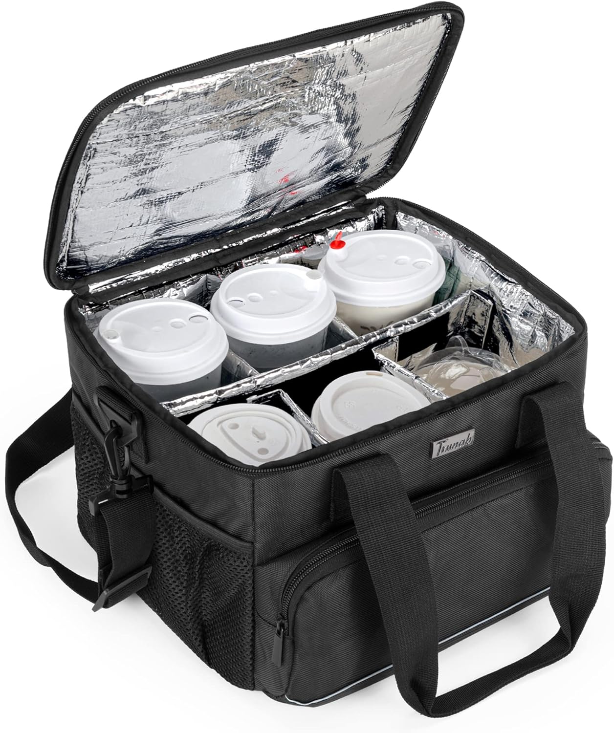 6-Cup Drink Carrier for Delivery Insulated Tote Bag, Black | Adjustable Dividers, Handle & Shoulder Strap,Reusable for Beverages,Food Take Out,Outdoors