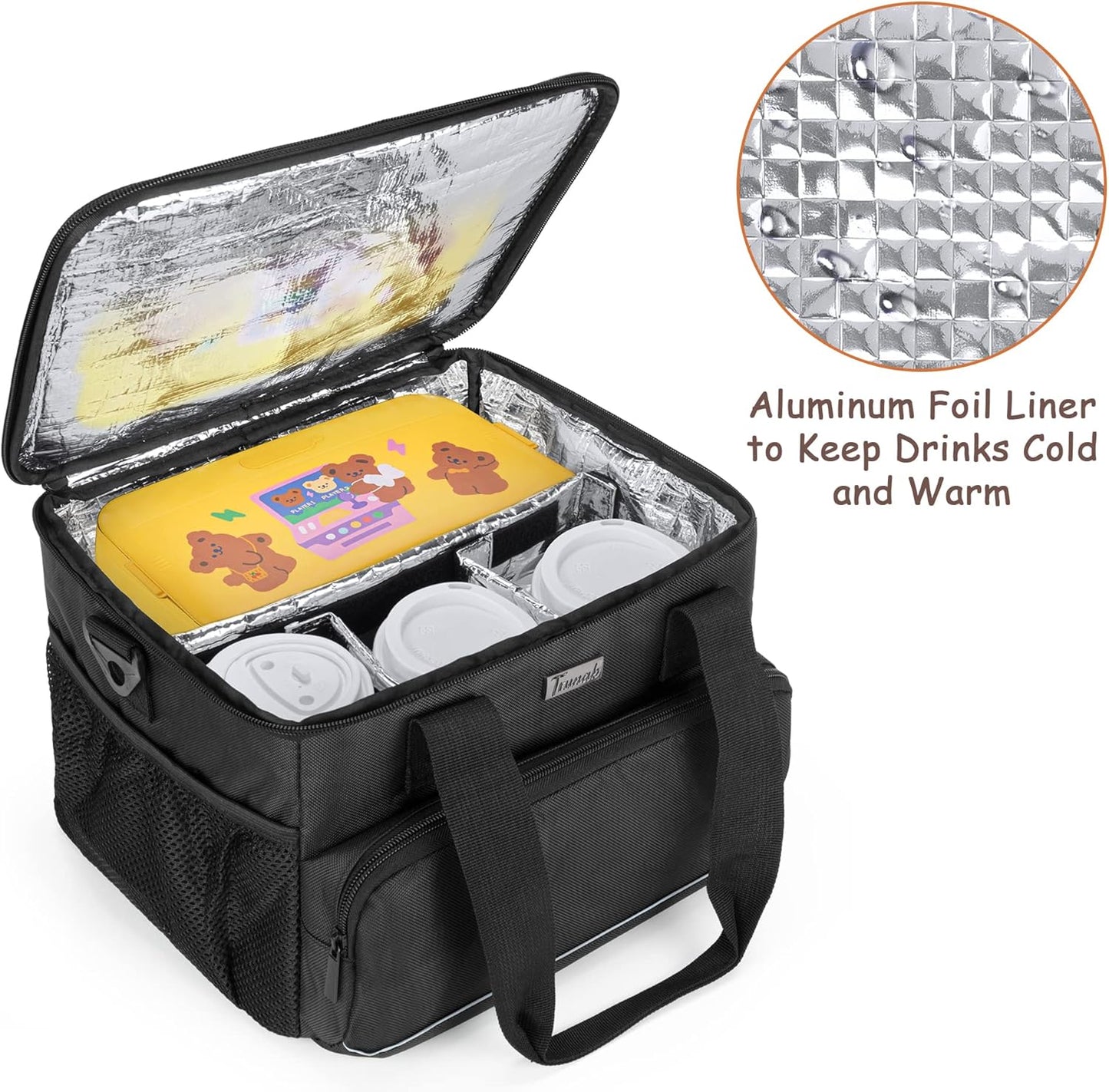 6-Cup Drink Carrier for Delivery Insulated Tote Bag, Black | Adjustable Dividers, Handle & Shoulder Strap,Reusable for Beverages,Food Take Out,Outdoors