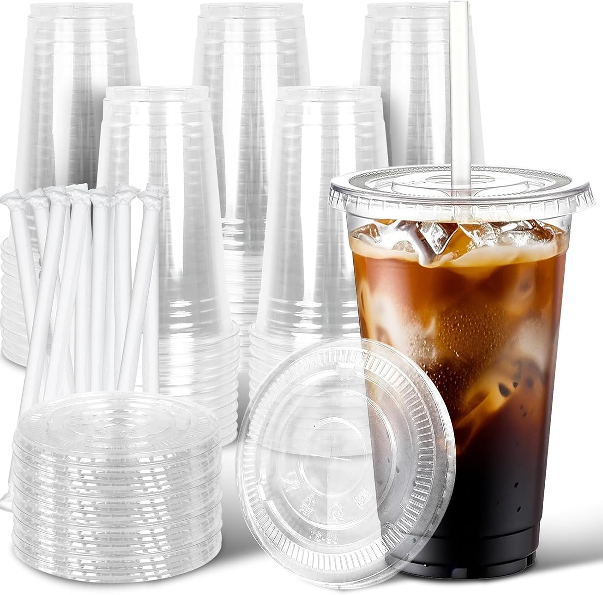 Ginkgo 50 Pack 20 oz Plastic Iced Coffee Cups with Lids and Straws