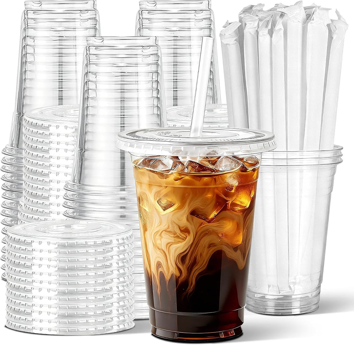 Ginkgo 50 Pack 20 oz Plastic Iced Coffee Cups with Lids and Straws