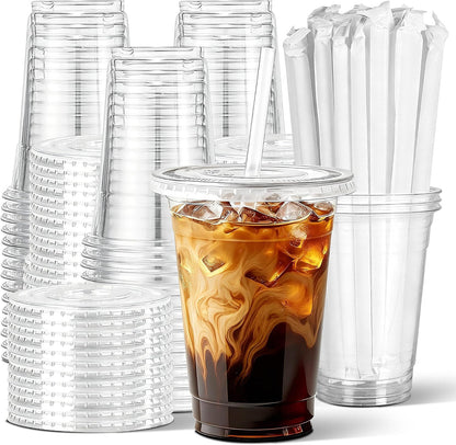 Ginkgo 50 Pack 20 oz Plastic Iced Coffee Cups with Lids and Straws