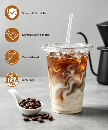 Ginkgo 50 Pack 20 oz Plastic Iced Coffee Cups with Lids and Straws