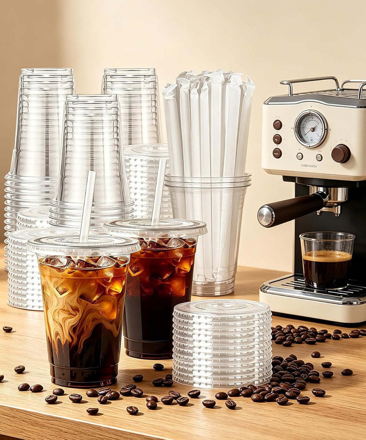 Ginkgo 50 Pack 20 oz Plastic Iced Coffee Cups with Lids and Straws