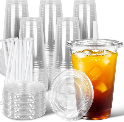 Ginkgo 50 Pack 20 oz Plastic Iced Coffee Cups with Lids and Straws