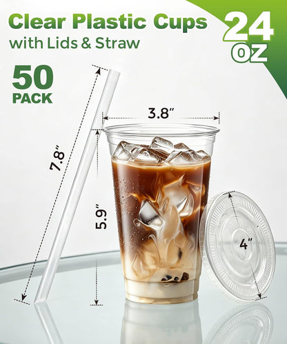 Ginkgo 50 Pack 20 oz Plastic Iced Coffee Cups with Lids and Straws