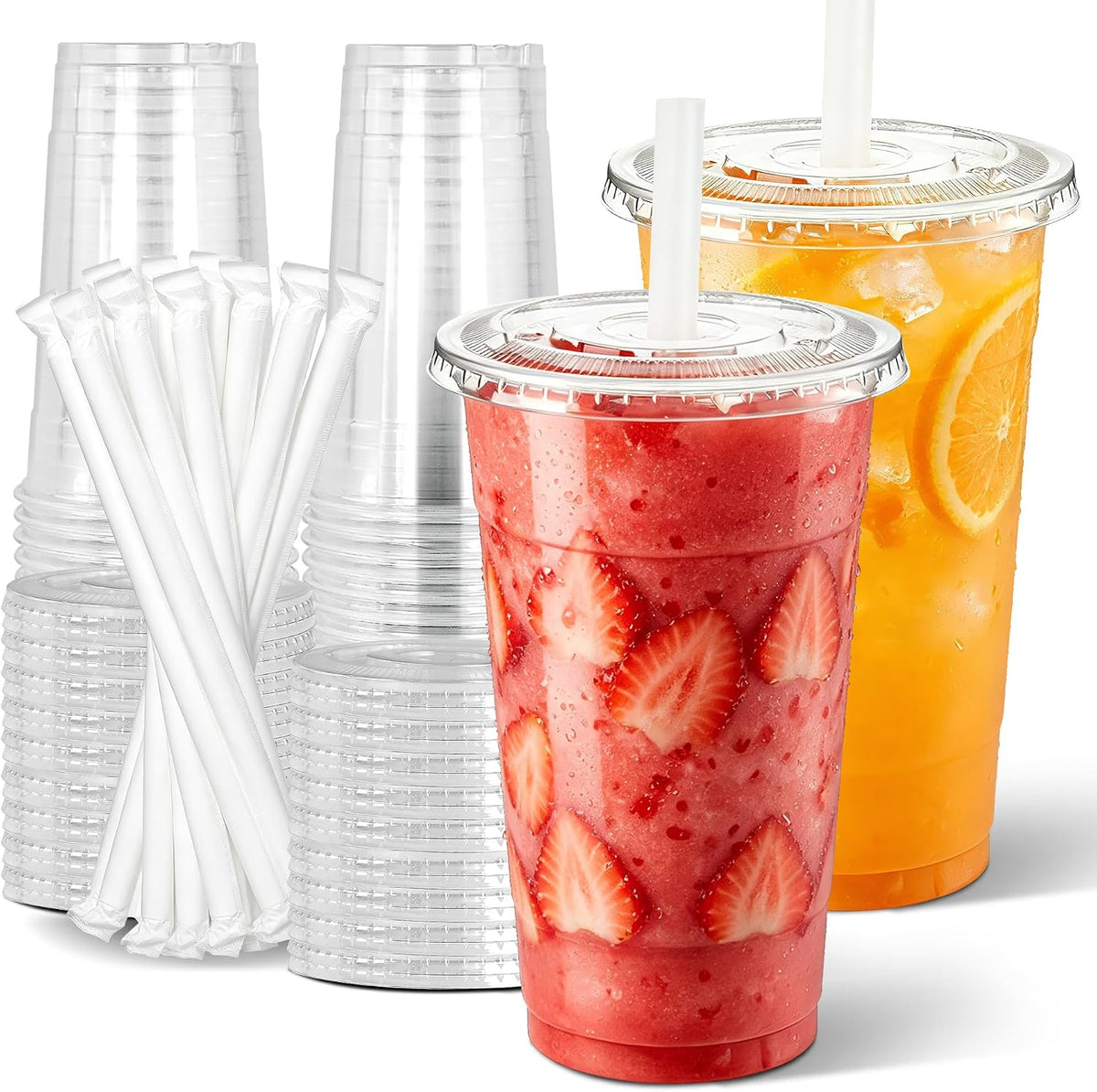 Ginkgo 50 Pack 20 oz Plastic Iced Coffee Cups with Lids and Straws