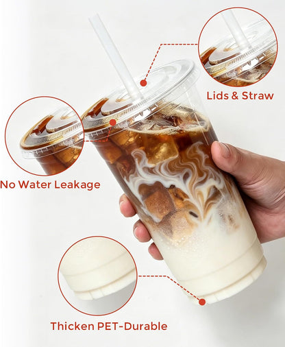 Ginkgo 50 Pack 20 oz Plastic Iced Coffee Cups with Lids and Straws